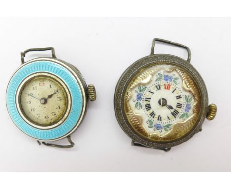 Two lady's silver wristwatches, one with enamel bezel
