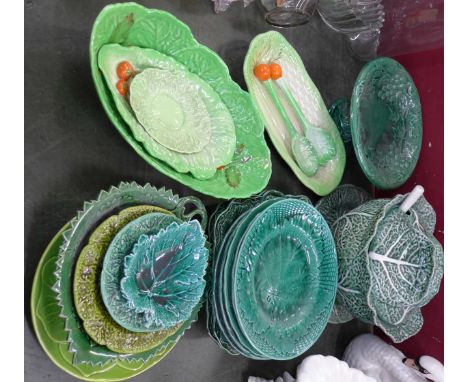 Wedgwood and Carlton ware cabbage leaf plates, bowls, tureen with ladle and other similar pottery