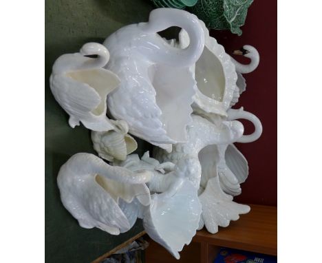 Six planters in the form of swans, one a/f, a turkey planter and an Italian planter with cherub