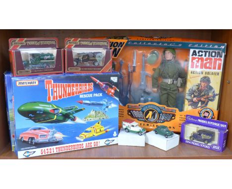 An Action Man 1996 collectors edition, a Matchbox Thunderbirds Rescue Pack, a Captain Scarlet set and five model vehicles