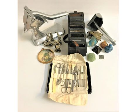 SELECTION OF COLLECTABLESincluding a box of Magic lantern slides; a counter top juicer marked 'Simplex-Super'; a handheld Spr