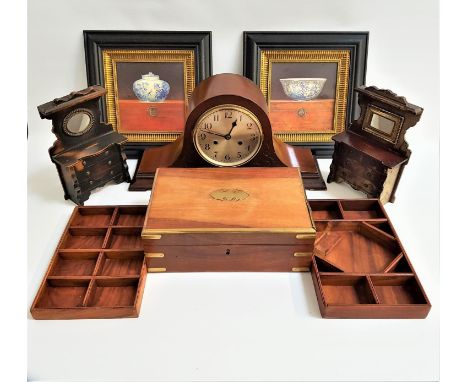 MIXED LOT OF COLLECTABLESincluding a teak and brass bound jewellery box, mahogany cased eight day mantle clock with a circula