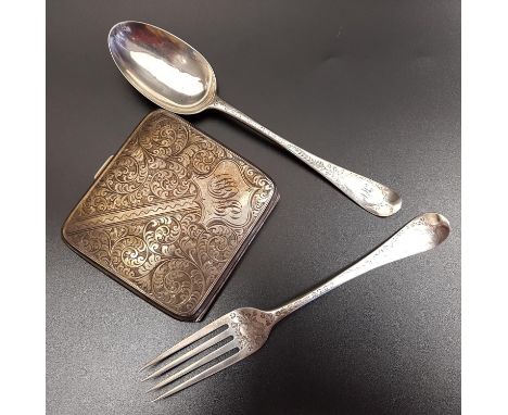 VICTORIAN SILVER FORK AND SPOONin the old English pattern, both profusely decorated, London 1881; together with a silver ciga