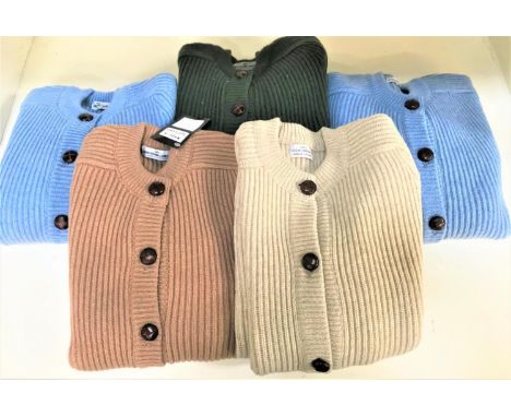 FIVE SUPER GEELONG LAMBSWOOL CARDIGANSall cable knit made in Scotland and with leather effect buttons, two light blue, one cr