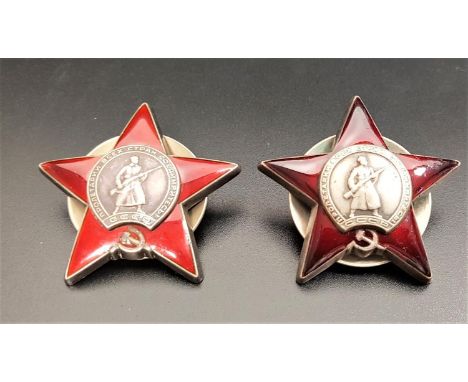 TWO WWII SOVIET RUSSIAN CAP BADGESthe Soviet Order Of The Red Star, in white metal and red enamel, numbered to the back 14500