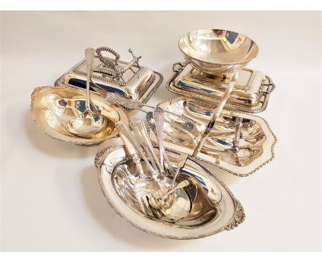 SELECTION OF SILVER PLATEincluding two oval boat shaped dishes, serving dish with a swing handle, two lidded serving dishes, 