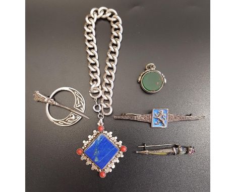 SELECTION OF SILVER JEWELLERYcomprising a curb link silver bracelet with lapis lazuli and coral set silver charm/fob; a carne