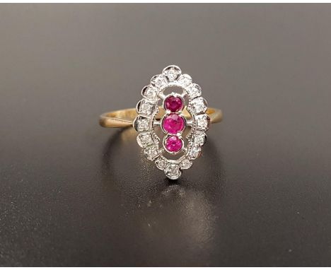 RUBY AND DIAMOND PLAQUE RINGthe central three rubies in vertical setting totaling approximately 0.2cts, in sixteen diamond su