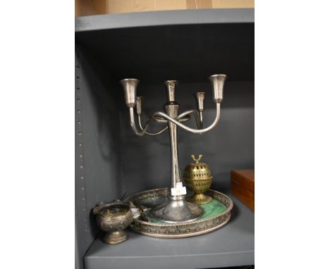 A selection of table top items including Indian silver bowl, gallery tray and candle stick