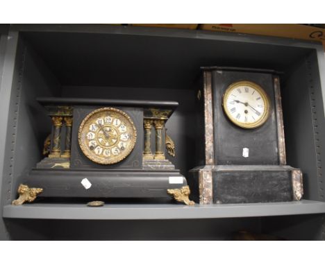 Two Victorian gothic style mantle or bracket clocks one having column sides with ormolu decoration