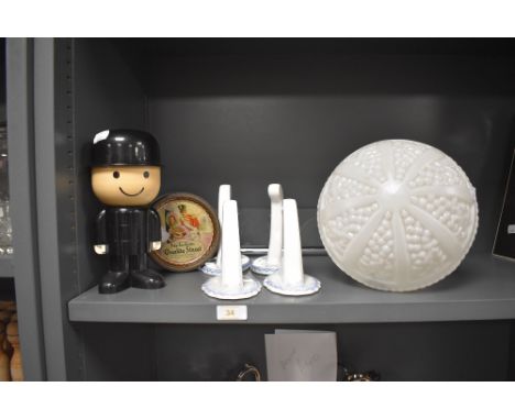 A selection of home wares including ceramic brackets and pressed milk glass art deco shade