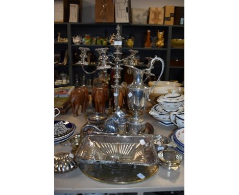 A selection of plated ware including candlestick holder, ewer, bon bon dishes and more, also included is a stainless steel sq