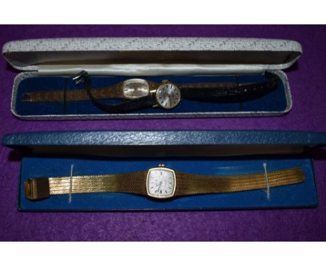 Two Gent's and lady's matched vintage dress watches by Montine, both having baton numeral faces and gold plated straps, and a