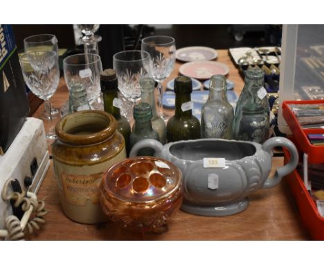 A collection of vintage bottles,ceramics and a Robertsons mince meat jar.