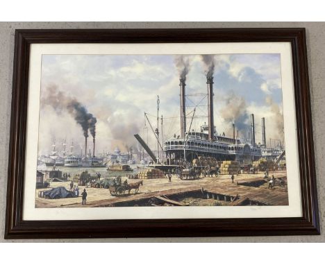 Large framed and glazed print of an American harbour scene depicting paddle steamers.  Frame size approx. 60 x 85 cm.