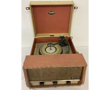 A vintage orange and white Dansette portable record player.  