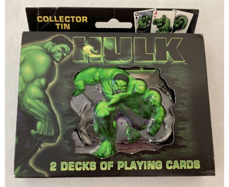 A boxed 2003 Marvel The Hulk collectors tin with 2 sealed packs of playing cards.  