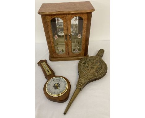 3 assorted vintage wooden items; a barometer, a pair of brass faced bellows &amp; a jewellery cabinet.  