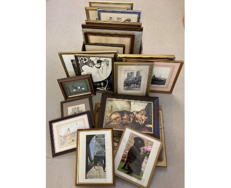 27 framed and glazed mixed genre photographs, oil, print and watercolour pictures. In varying sizes to include a black and wh