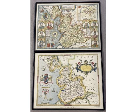 2 vintage framed and glazed maps of Lancashire.  Largest frame size approx. 45 x 54cm.