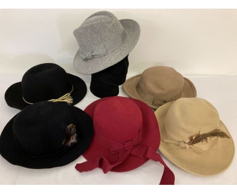 6 vintage felt and wool ladies wide brimmed hats. To include: Strata of London, Bermona Trend, Top Shop and Salisburys. 