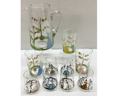 A collection of vintage hand painted glassware in the Crinoline lady design. A lemonade jug and 3 matching tumblers together 