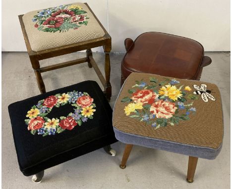 3 vintage tapestry covered stools together with a retro style pouffe.  Largest stool 43 cm tall x 36cm square.