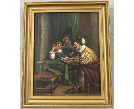 A framed oil on metal of a Dutch tavern scene depicting a chess game. In gilt frame. Frame size approx. 23.5 x 19.5cm.