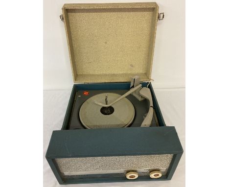 A vintage blue and white Fidelity portable record player.  