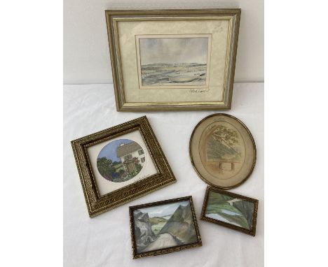 5 small and miniature framed and glazed paintings prints and embroidery. Pictures comprise:  an embroidery of a rural cottage