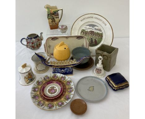 A mixed box of vintage ceramics. To include a Dresden lidded trinket box. Together with a small Denby plate, Limoges trinket 