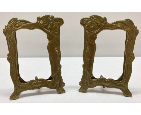 A pair of vintage brass Art Nouveau style, freestanding picture frames.  Approx. 15cm tall.