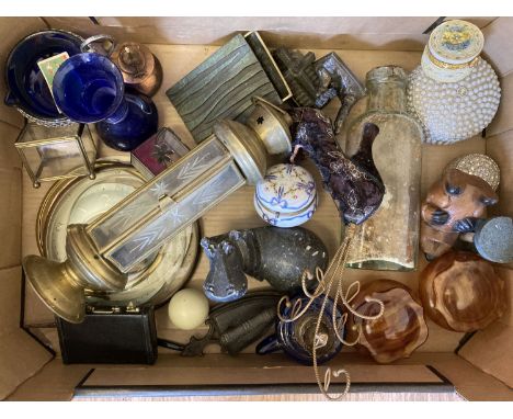A box of assorted misc items. To include: a brass and glass decorative candle lamp, trinket boxes, brass and glassware. 