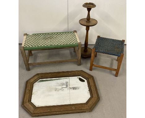 2 vintage wooden framed string top stools. Together with a vintage wooden 2 tiered smokers stand and a wooden framed wall han