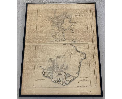 A framed and glazed vintage map of Plymouth town, citadel, Stoke town and Plymouth dock.  Frame size approx. 70 x 54.5cm.