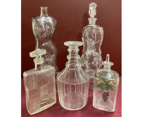 5 assorted vintage clear glass decanters, to include one with hand painted detail.  