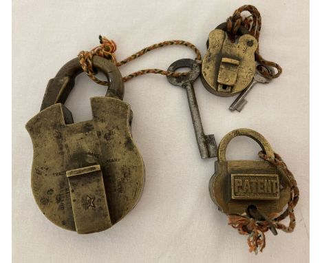 3 vintage brass padlocks with keys.  Largest approx. 9.5cm x 6.5cm.