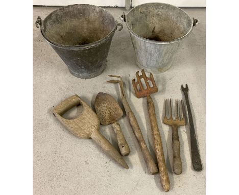 2 vintage galvanised swing handled buckets together with a collection of vintage hand tools.  