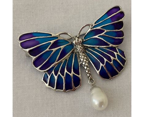 A 925 silver butterfly brooch with coloured translucent enamelled wings and pearl drop pendant.  Approx. 5cm x 4cm.