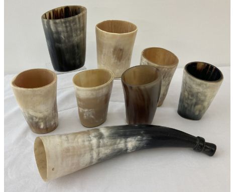 A box of vintage natural horn beakers and blowing horn. By English Country Crafts. 