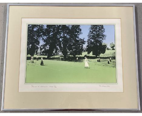 A framed and glazed limited edition screen print "Tennis At Badminton House" by Tom Adams. No. 62/65 signed by artist, dated 