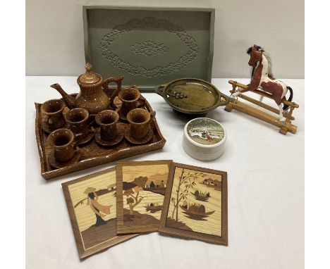 A collection of assorted vintage items, mostly wooden. To include: model rocking horse, Black Forest musical tray and ceramic
