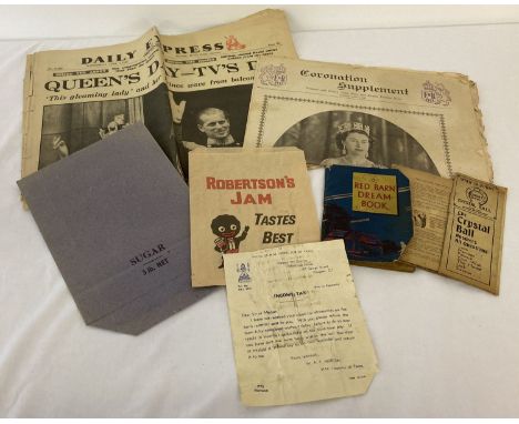 A collection of vintage ephemera. To include "Robertson's" Jam bag, 3lb sugar bag, "The Red Barn Dream Book" and 1953 coronat