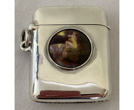 A 925 silver vesta case with circular ceramic plaque featuring a nude female.  Case approx. 4cm x 3cm.