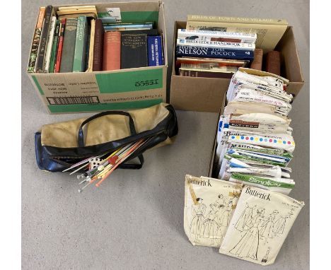 A box of vintage 1950's - 1960's dress patterns. Together with a collection of vintage knitting needles and 2 boxes of books 