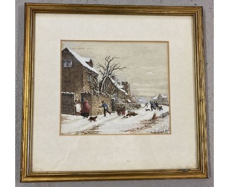 An English school late 19th/early 20th century watercolour of children playing in the snow. Framed and glazed. Frame size app