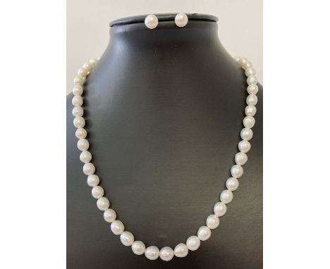 A freshwater white pearl necklace and matching stud earrings. Small extension chain to necklace, lobster style clasp marked 9