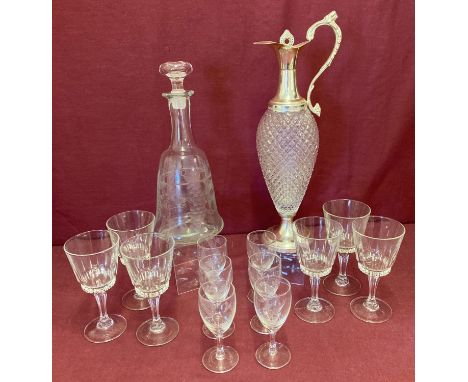 A collection of vintage glass ware comprising Claret jug, decanter and 2 sets of glasses.  