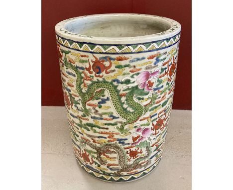 A large Chinese hand painted ceramic pot/planter, with dragon detail.  Approx. 49cm tall x 37cm diameter.