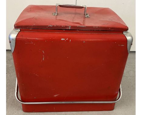A large vintage American drinks cooler, painted red.  Approx. 45cm x 33cm x 45cm.
